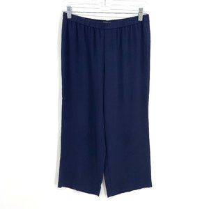 EILEEN FISHER Navy Blue Silk Wide Leg Stretch Waist Pull On Pants Small Petite